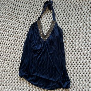 Express Navy Halter Tank Top with Beaded V-Neck